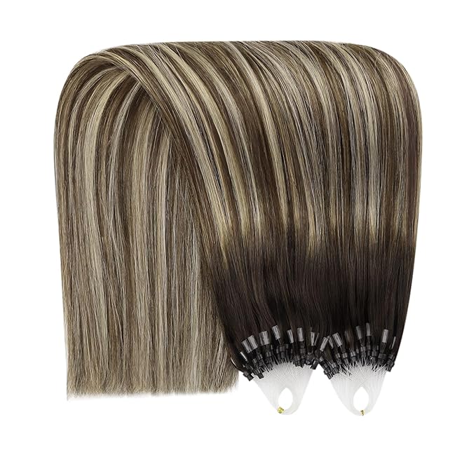 YoungSee Micro Link Hair Extensions Human Hair Balayage Micro Loop Hair Extensions Dark Brown Ombre Blonde Balayage Brown Bead Extension Human Hair 20In 50g 50s Microring Hair Extension for Wedding