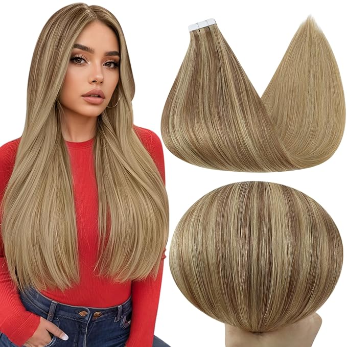 Full Shine Invisible Tape in Hair Extensions Human Hair 20 Inch Color 10 Fading to 16 Golden Blonde Highlight 16 Double Sided Tape in Hair Extensions 50 Grams Skin Weft Hair Extensions Tape in 20 Pcs
