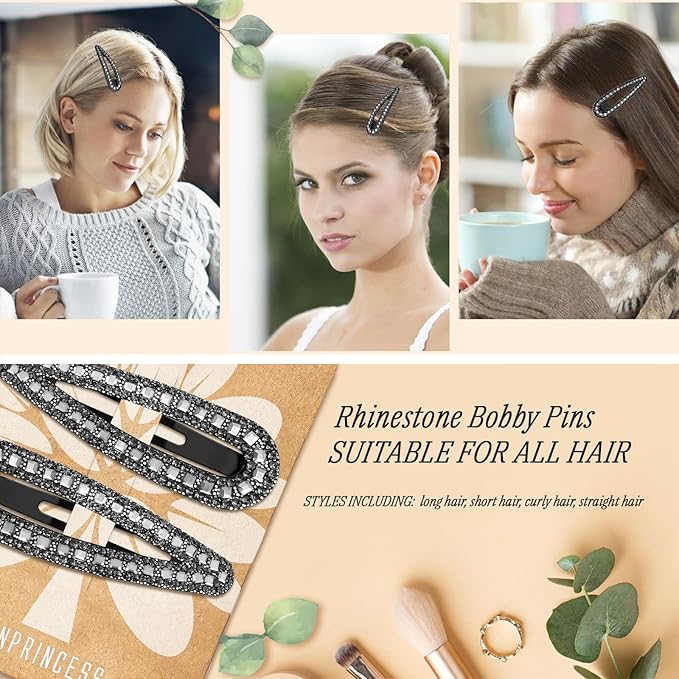 2PCS Rhinestone Hair Clips,Snap Hair Accessories,Decorative Hair Clips,Rhinestone Barrettes For Women Girls(SET16)