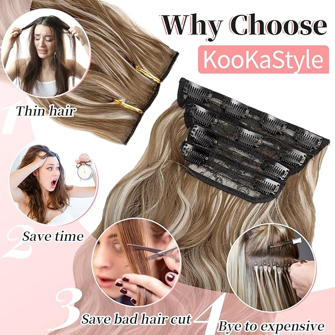 KooKaStyle Clip in Synthetic Hair Extensions Long Wavy 4PCS Thick Hairpieces Brown mix Ash Blonde P10/88 Fiber Double Weft Natural Hair Extensions 20 Inch for Women