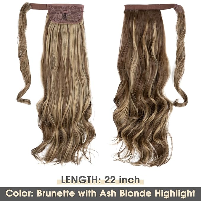 CJL HAIR 22" Long Ponytail Hair Extension Wrap Around Pony Tail Clip in Curly Wavy Synthetic Fake Hairpiece for Women Ash Medium Brown/Ash Blonde