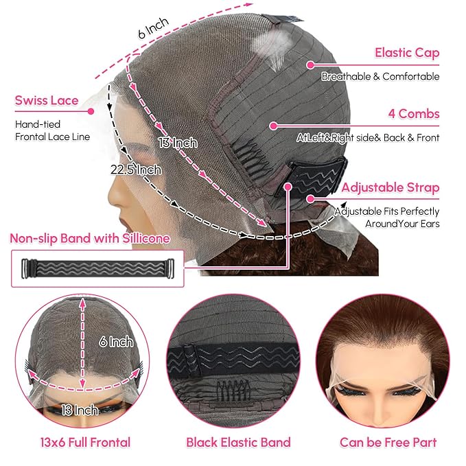 13x6 Deep Wave Lace Front Wigs Human Hair Chocolate Brown 210 Density HD Lace Front Wigs Human Hair Curly Wig Pre Plucked Human Hair Glueless Frontal Wigs with Baby Hair 32Inch
