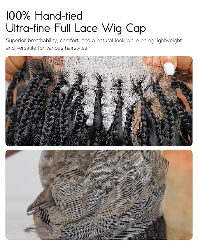 Human Hair Boho Curls Hand-Tied HD Full Lace Wig - 36" Salon-Level Small Box Synthetic Braids (79 Braids, Medium Density) Pre-Cut Swiss HD Lace, Pre-Plucked, Tangle-Free - 1B/27 Honey Blond