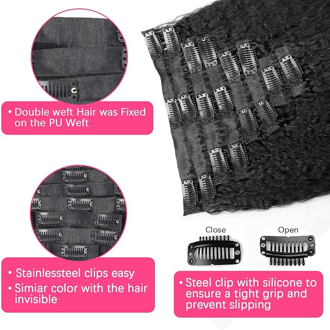 24 Inch Seamless Kinky Straight Clip Ins Hair Extensions PU Weft Kinky Straight Clip In Hair Extensions Real Human Hair Extensions 8pcs with 18Clips Per Set 120g