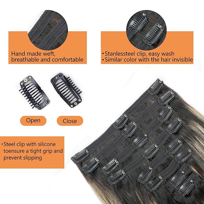 FB27 Balayage Clip In Hair Extensions Real Human Hair Straight Highlight Clip ins for Black Women 8Pcs with 18Clips 120g 20inch #T1B/1B/27 Balayage Black to Blonde