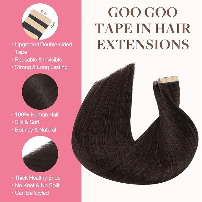 GOO GOO Tape in Hair Extensions Human Hair, 2A Light Brown, 26inch 120g 40pcs, Skin Weft Seamless Invisible, Silky Straight with Thick Ends, Remy Human Hair