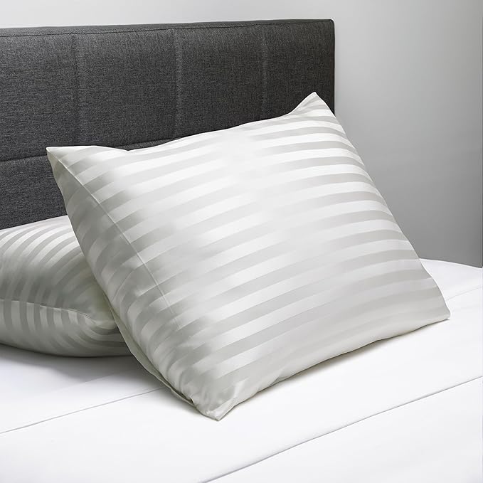 Fishers Finery 25mm 100% Pure Mulberry Silk Pillowcase Set (White Stripe Queen 2 Pack)