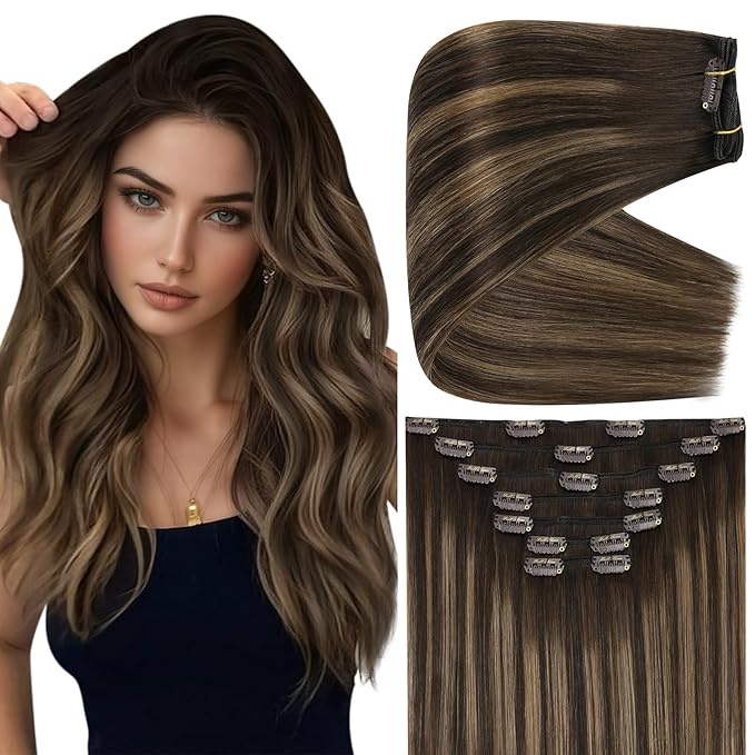 Full Shine Dark Brown Clip in Hair Extensions 16 Inch 135 G Balayage Dark Brown to Ash Brown Remy Hair Extensions Clip ins for Beginners 7 Pcs