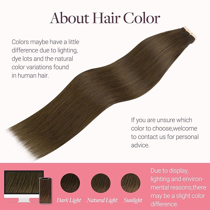 GOO GOO Tape in Hair Extensions Human Hair, #4H Light Chocolate Brown, 24inch 50g 20pcs, Skin Weft Seamless Invisible, Silky Straight with Thick Ends, Remy Human Hair