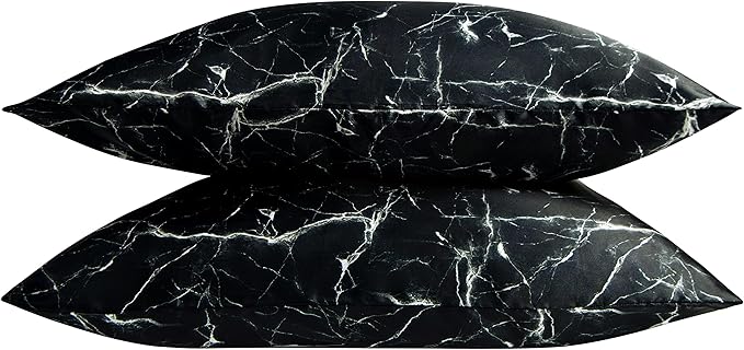 NTBAY 2 Pack Satin Standard Pillowcases for Hair and Skin, Luxurious and Silky Marbling Printed Pillow Cases with Envelope Closure, 20x26 Inches, Black