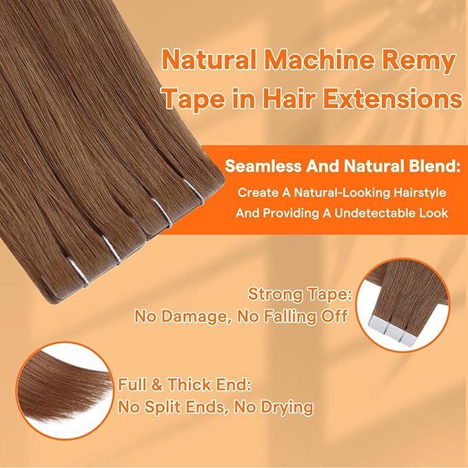 Full Shine Invisible Injected Tape in Hair Extensions Human Hair Color 330 Orange Virgin Injection Seamless Tape in Hair Extensions 10Grams 5PCS Straight Brazilian Extension 16 Inch for Cosplay