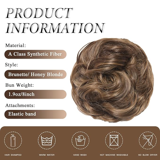 Large Messy Bun Hair Piece Curly Synthetic Extensions Scrunchies Fake Chignon Updo Hairpieces for Women Beige Bronde Mixed Chestnut Brown