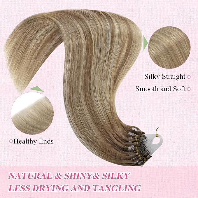 YoungSee Microlink Hair Extensions Ombre Micro Bead Hair Extensions Real Human Hair Brown Balayage Micro Loop Human Hair Extension Ombre Light Brown to Platinum Blonde 20 Inch 50s 50g