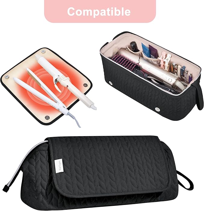 Hair Tools Travel Bag Karsyon Heat Resistant Mat Case Hot Tools Straightener, Curling Iron,Hair Dryers,Haircare Accessories Travel Essentials for Women 2 in 1 Organizer Bags (Black)