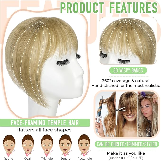 Bangs Hair Clip in Bangs 360°3D Cover Hair Topper Synthetic HairPieces for Women Ash Blonde Wispy Fake Bangs Toppers for Daily Wear