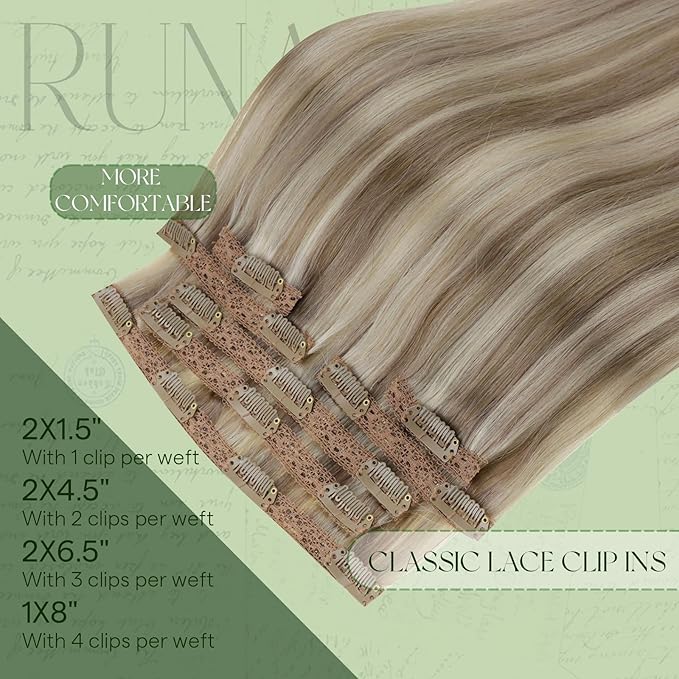 RUNATURE Clip in Hair Extensions Real Human Hair Clip in Extensions, Long Hair Extensions Clip Ins, Thick Full Head, Can Be Styled, 22 Inch 120g 7pcs #8P60 Ash Brown Highlight Platinum Blonde