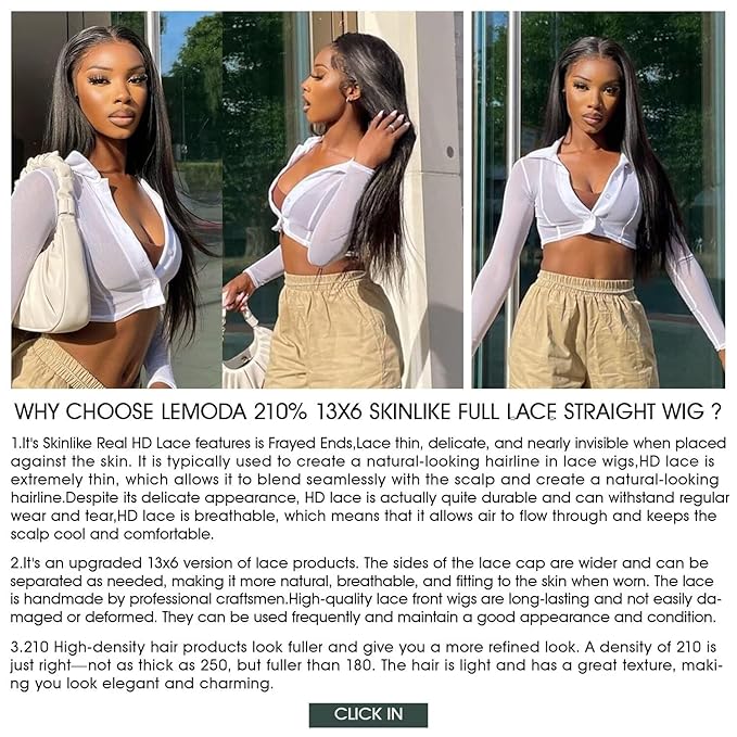 Lemoda Full 13x6 SKINLIKE Real HD Lace Frontal Wigs 210% Density 15A Straight 13x6 Full Lace Frontal Virgin Human Hair Wigs 20Inch Invisible 0.1mm Ultra-thin Knots Frayed Ends Lace Wig