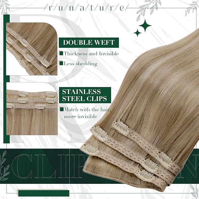 RUANTURE Clip in Human Hair Extensions, Blonde Highlight Real Human Hair Clip in Extensions, Remy Natural Hair Soft Add Hair Volume, 14 Inch 50g 3pcs #16/22 Beige Blonde
