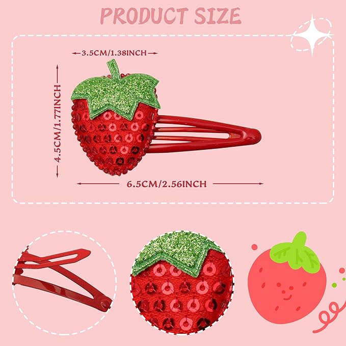 6PCS Strawberry Hair Clips, Sparkly Sequin Hair Barrettes, Snap Hairpins Hair Accessories, for Women and Girls Hair Styling Accessories(Pink, Red and Rose Colors)