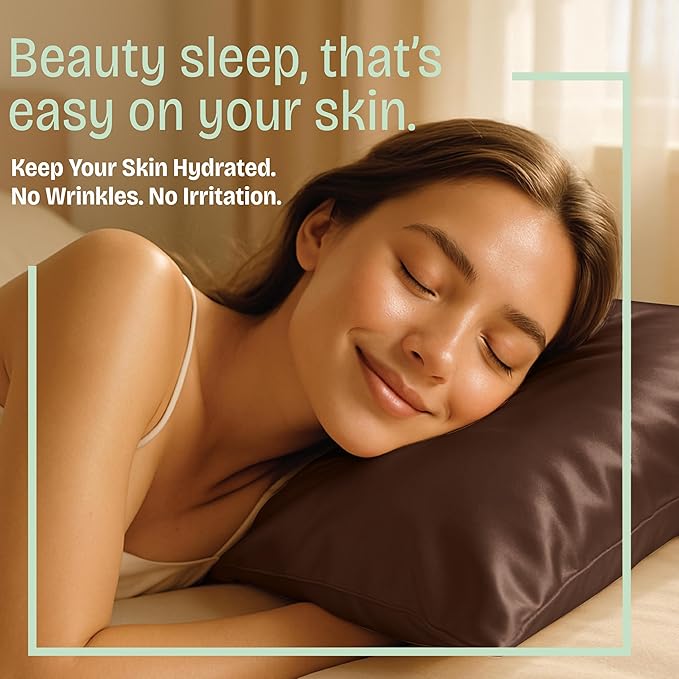 BLISSFORD Brown Satin Pillowcase with Zipper, for Hair and Skin Care, Feels Soft and Cool Like a Silk Pillowcase, Satin Pillow Cases 2 Pack, Slik Pillow Cover, Queen Size, Set of 2