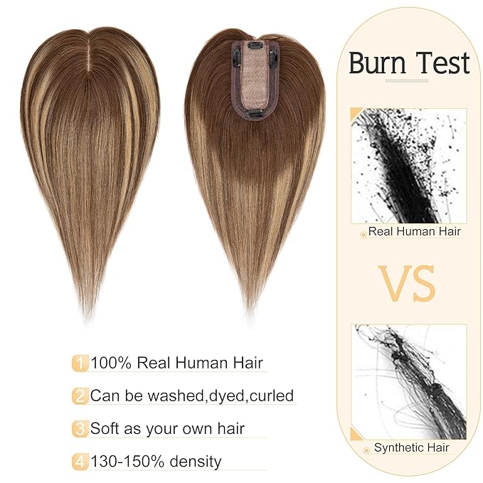 SEGO Hair Toppers for Women Real Human Hair, 7 * 13CM Silk Base 100% Remy Clip in Top Wiglet Hairpieces, Top Pieces Add Volume -12 Inch 4T4P27
