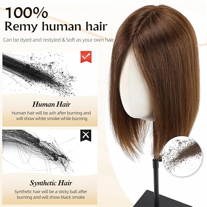 Large MONO Top Hair Toppers for Women Remy Human Hair 14 Inch 6"x7" Big Base Partial wig Cover Thinning Hair or Loss No Bangs Natural Wiglets(Dark Brown)
