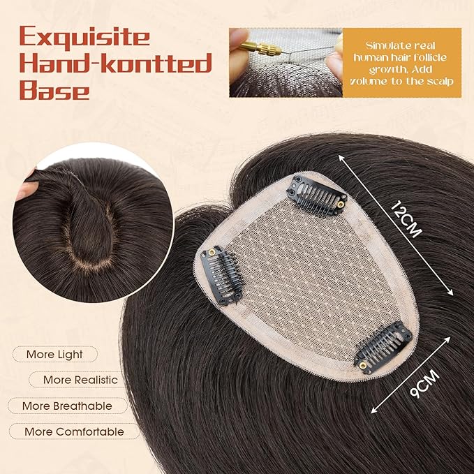 Rich Choices Human Hair Toppers for Women-100% Real Remy Hair Topper No Bang-Upgraded 150% Density 9 * 12CM Lace Base-Clip in Hairs Topper for Thinning Hairs-14Inch #1B Natual Black