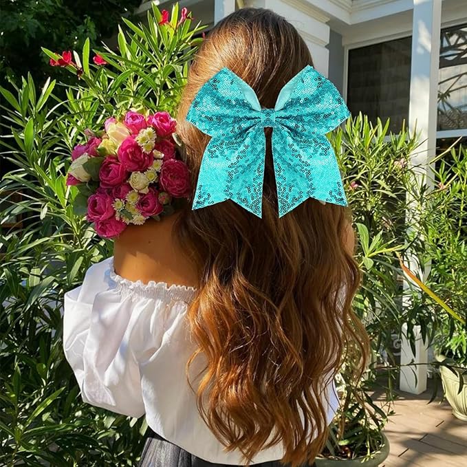 Large Glitter Cheer Bows Clips, Jumbo Big 7 Inch Cheerleading Sequin Hair Bow Hair Accessories for Teens Girls Football Sports Cheerleader Outfit Uniform (Peacock Green)