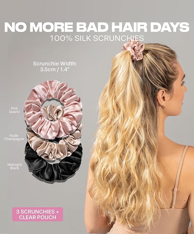 SUNDAYSILKS™ Luxurious Mulberry Silk Scrunchies for Women & Girls | No-Slip, Silky Hair Ties for Natural, Curly, Thin or Thick Hair | Gentle Hold for Ponytails & Sleep | Mini to Large Sizes [3 Pack]