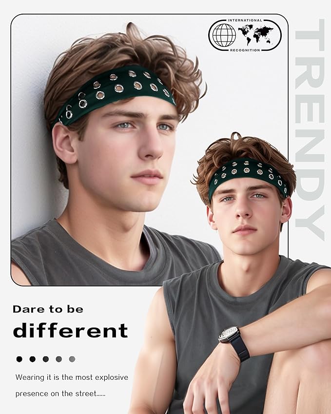 Grommet Headband for Women, Green 23cm Hollow Out Elastic Hair Band, Eyelets Punk Grunge Stylish Hairband
