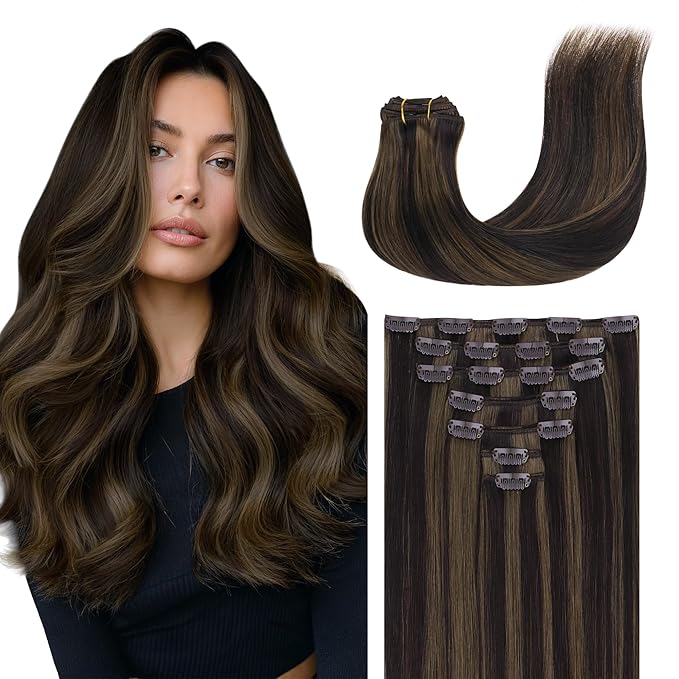 GOO GOO Clip in Hair Extensions Real Human Hair, Remy Human Hair Extensions Clip ins for Women, Natural Human Hair, 24inch 170g 7 Pcs, #2/6 Dark Brown Highlighted Chestnut Brown