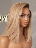 LUVME HAIR 12 Inch Ash Blonde Blunt Cut Bob Wig Human Hair Pre Cut Glueless HD Lace Closure Wig Mature Boss Side Parted Ombre Straight Short Wig