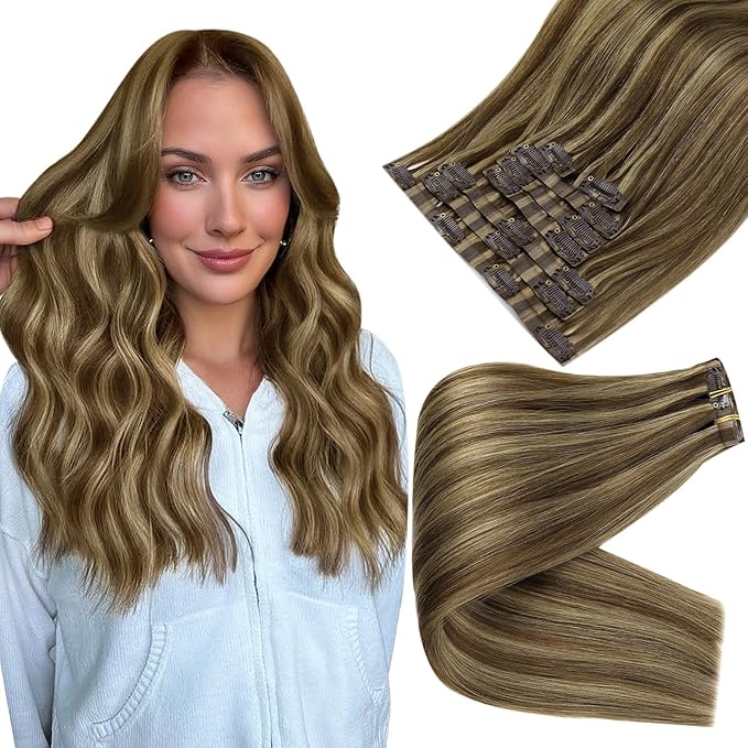 Full Shine Clip in Hair Extensions Human Hair 22 Inch Blonde with Brown Highlights Seamless Clip in Hair Extensions Add Volume for Women Softness 8 PCS 120 G