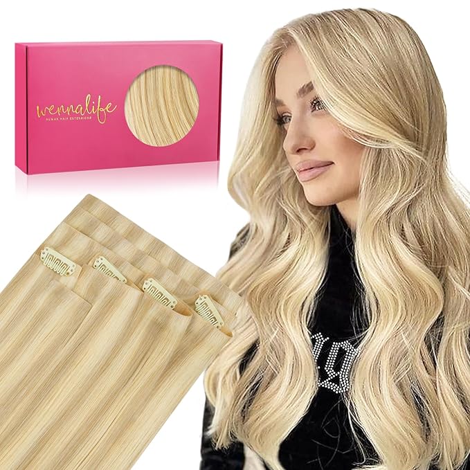 WENNALIFE Invisi Edge Clip in Hair Extensions Real Human Hair, 22 Inch 150g 7pcs Light Blonde Highlighted Golden Blonde Seamless Clip in Extensions Remy Hair Clip Ins Invisible PU Skin Weft Straight