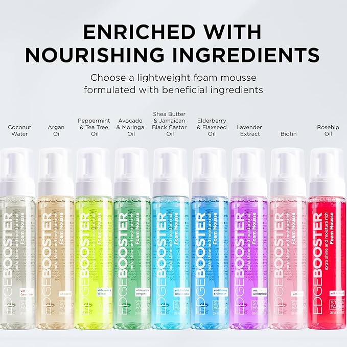 Style Factor EDGE BOOSTER Extra Shine & Moisture Rich Foam Mousse | Lightweight Styling for Curls, Waves, Braids & Locs | Volume & Shine | with Elderberry & Flaxseed Extract | 9 fl oz