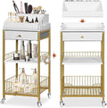 Makeup Organizer Cart with Drawer, 2-in-1 Rolling Organizer Cart with Hair Tool Holder, Vanity Storage for Skincare, Perfume, Nail Polish, Cosmetics, Gold Finish