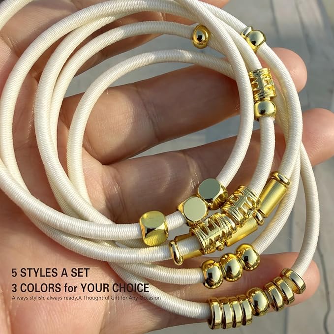 Blonde Bracelet Hair Ties for Women, 5 Pack Cute 3mm Thick Elastic Ponytail Holders Accessories No Damage Stretchy Beaded Pony Tails Hair Ties with Gold Metal Charms Beads