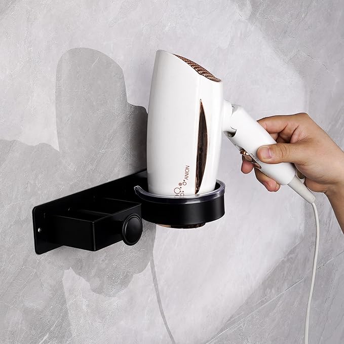 Wall Mounted Hair Dryer Holder - Self Adhesive Blow Dryer & Straightener Rack with Plug Hook, No Drill Stainless Steel Bathroom Organizer for Hair Tools Storage (Matte Black)