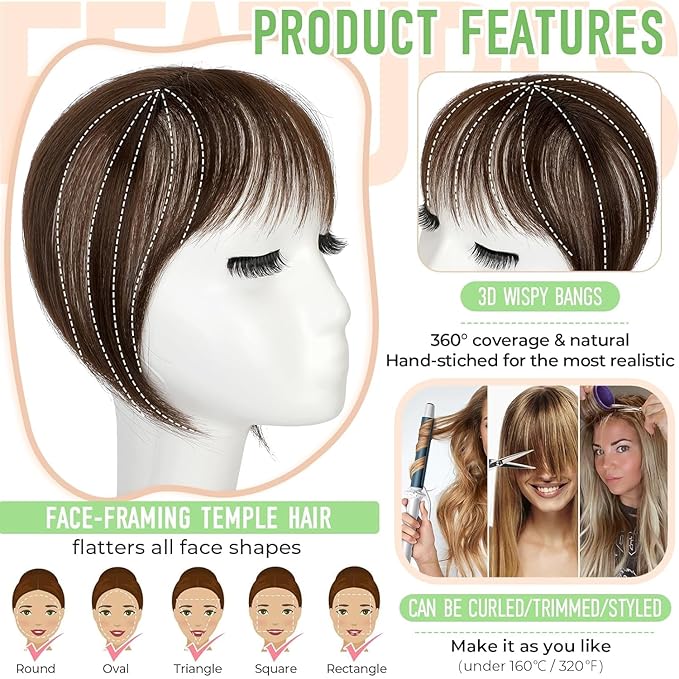 Bangs Hair Clip in Bangs 360°3D Cover Hair Topper Synthetic HairPieces for Women Medium Brown Wispy Fake Bangs Toppers for Daily Wear