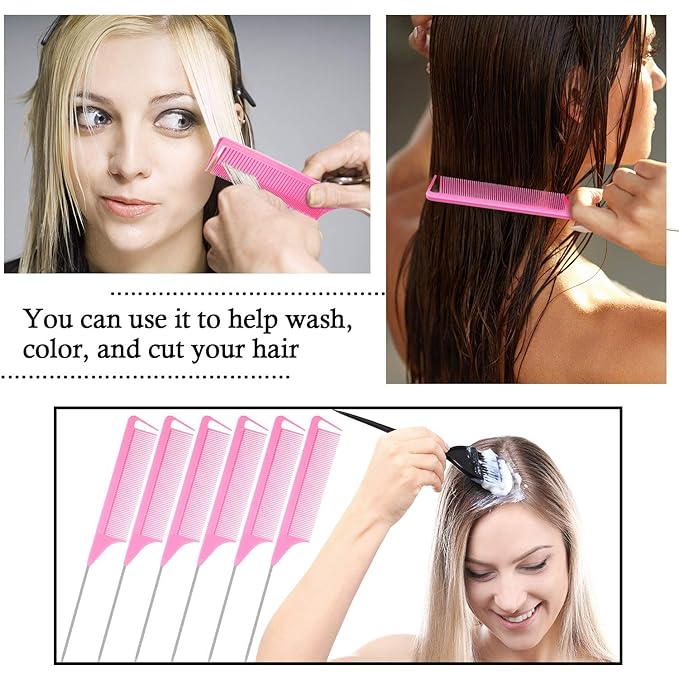 Patelai 30 Pieces Rat Tail Combs Bulk, Hair Teasing Fine Tooth Pintail Combs Braiding Hair Styling Tools with Steel Pin for Stylists Salon Teasing Sectioning Coloring Detangling(Pink)