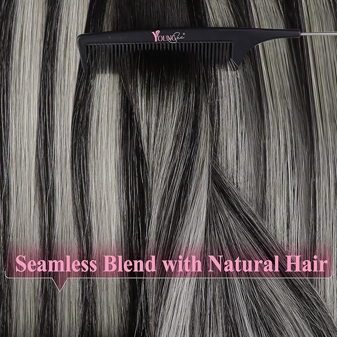 YoungSee Human Hair Tape in Extensions Black Ombre Invisible Tape-in Natural Hair Extensions Ombre Black to Silver Tape ins Hair Extension for Women 16 In 50g 20pcs Extensiones Adhesivas Pelo Humano