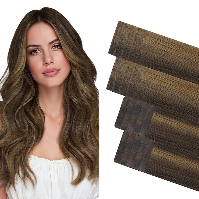 GOO GOO Invisi Edge Tape in Hair Extensions Human Hair, 2C/4E/6C Brown Sugar Swirl Highlights 10pcs injected with 10pcs classical tape ins, 20inch 50g, Virgin Remy Hair, Natural Look