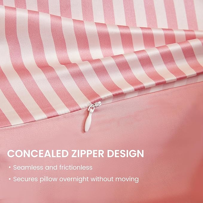 THXSILK Mulberry Silk Pillowcase for Hair and Skin Health, Grade 6A+ Mulberry Silk Pillowcase with Hidden Zipper, Soft and Breathable, 1pc (King 20"x36", Pink White Stripes)