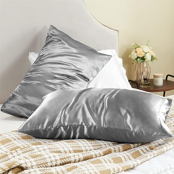 BEDELITE Satin Pillowcase for Hair and Skin, Super Soft and Cooling Similar to Silk Pillow Cases 2 Pack with Envelope Closure, Gift for Women Men(20"x36" King Size, Grey)