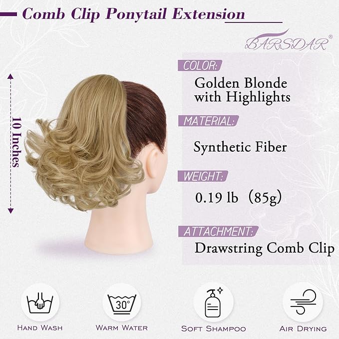 BARSDAR Short Drawstring Ponytail - 10 Inch Wavy Highlight Ponytail Hair Extensions for Women - Synthetic Comb Clip in Ponytail Hairpieces Fake Pony Tails - Golden Blonde with Highlights