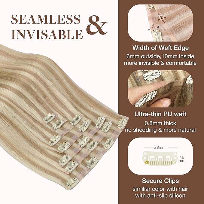GOO GOO Clip in Hair Extensions Real Human Hair, Remy Human Hair Extensions Clip ins for Women, Natural Human Hair, 18inch 130g 7Pcs, 18A/613A Dark Blonde Highlighted Bleach Blonde
