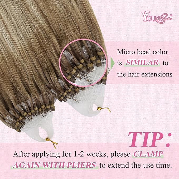 YoungSee Microbead Hair Extensions Ombre Micro Loop Hair Extensions Real Human Hair Balayage Light Brown with Blonde Micro Hair Extension Human Hair Silky Straight for Young Adults 22 Inch 50s 50g
