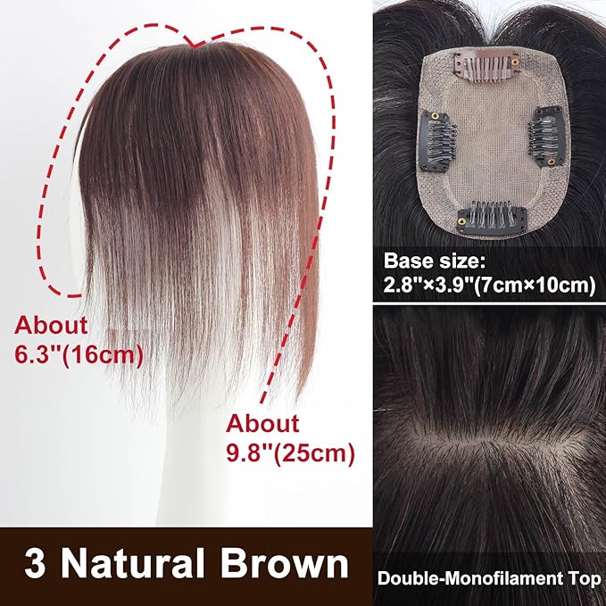 Real Human Hair Topper Double-Monofilament Top Hand-Tied Hair Pieces Mid Length for WomenThinning BHADS710 (3 Natural Brown × Hair Length:9.8"(25cm), Base Size:2.8"×3.9"(7cm×10cm))