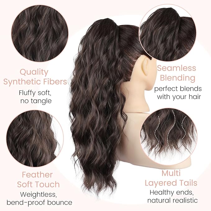 Claw Clip Ponytail Extension 18 Inch Curly Wavy Ponytail Extension Jaw Clip on Pony Tails Hairpiece for Women Fluffy Natural Synthetic for Daily Use (Dark Chocolate Brown)