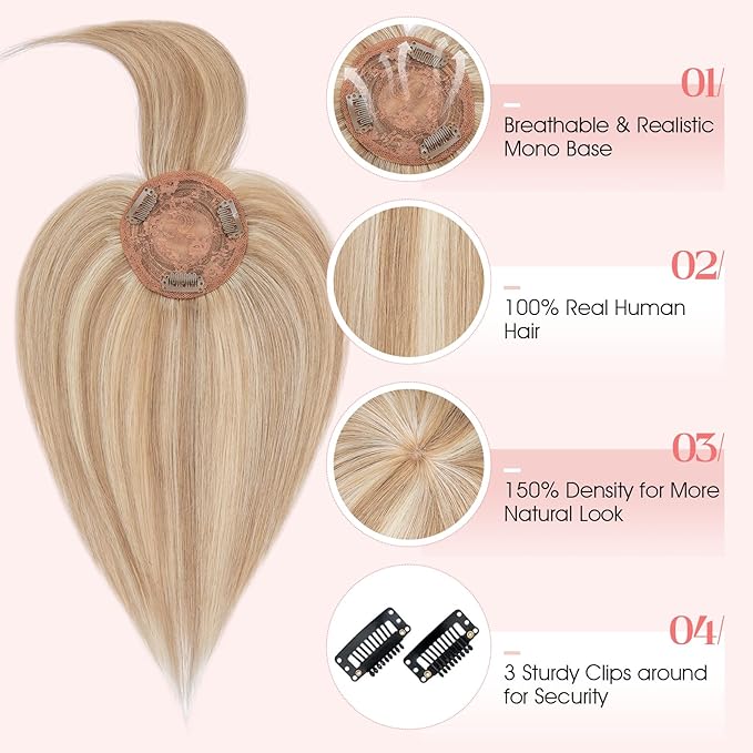 Hairro Mono Hair Toppers with Bangs, 3.4" x 3.4" Mono Base 100% Real Human Hairpieces for Women, 150% Density Clips In Topper for Greyish Thinning Hair, 10 Inch Golden Brown Mix Bleach Blonde